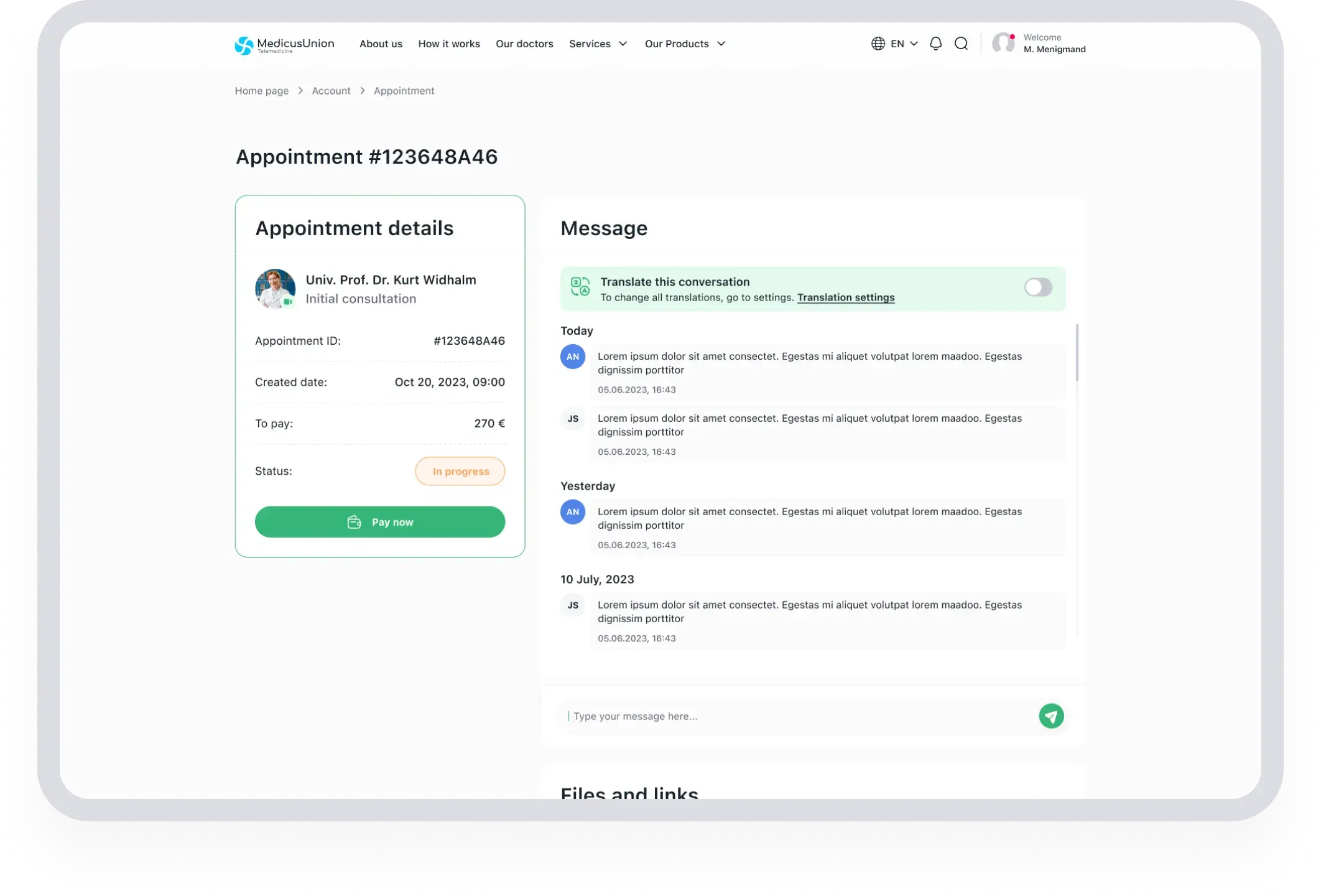Приложение для безопасной связи с поставщиком медицинских услуг и функцией перевочика на разные языки.